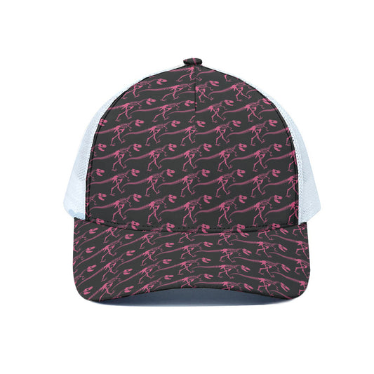 Pink Tyrannosaurus Fossil Pattern Print White Mesh Trucker Cap