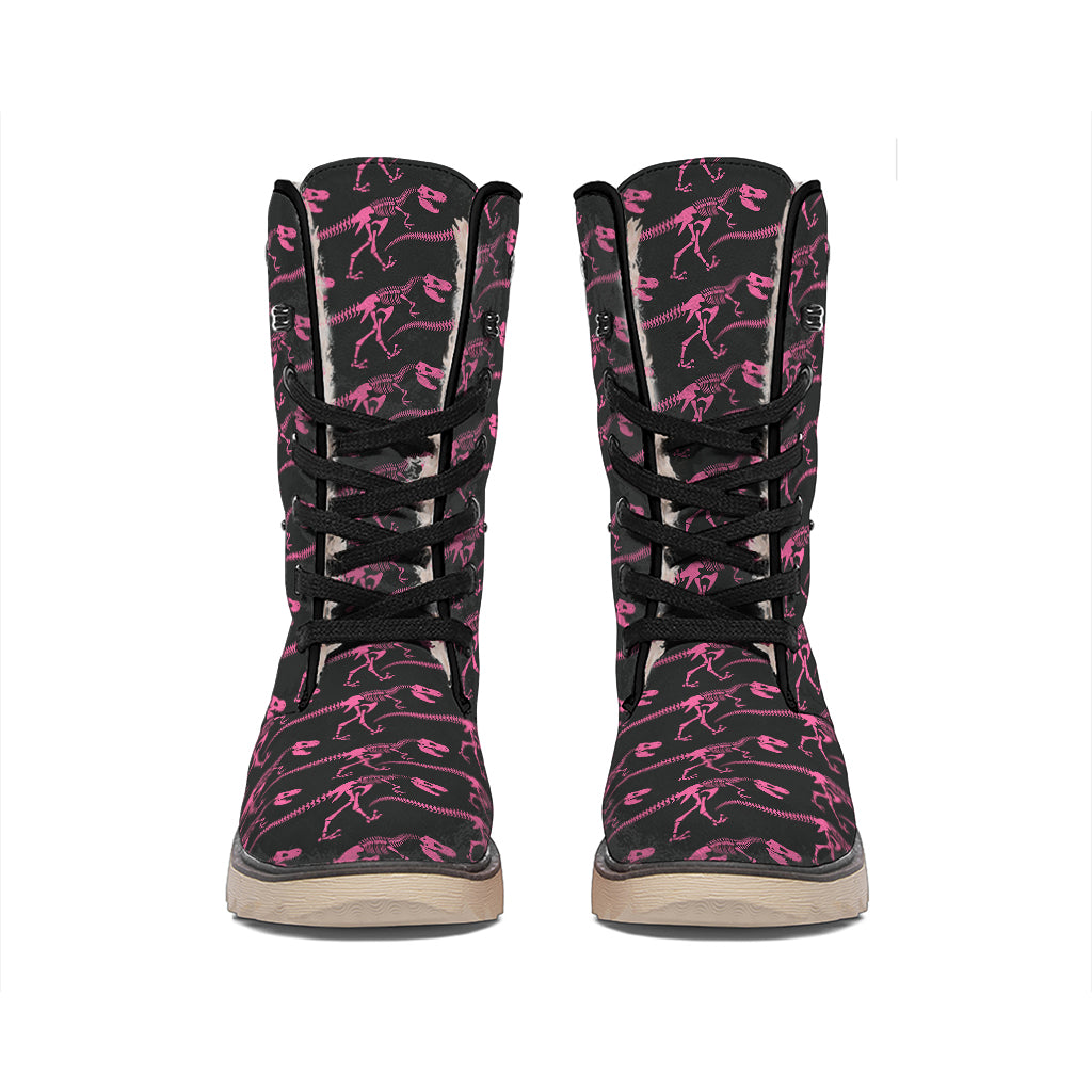 Pink Tyrannosaurus Fossil Pattern Print Winter Boots