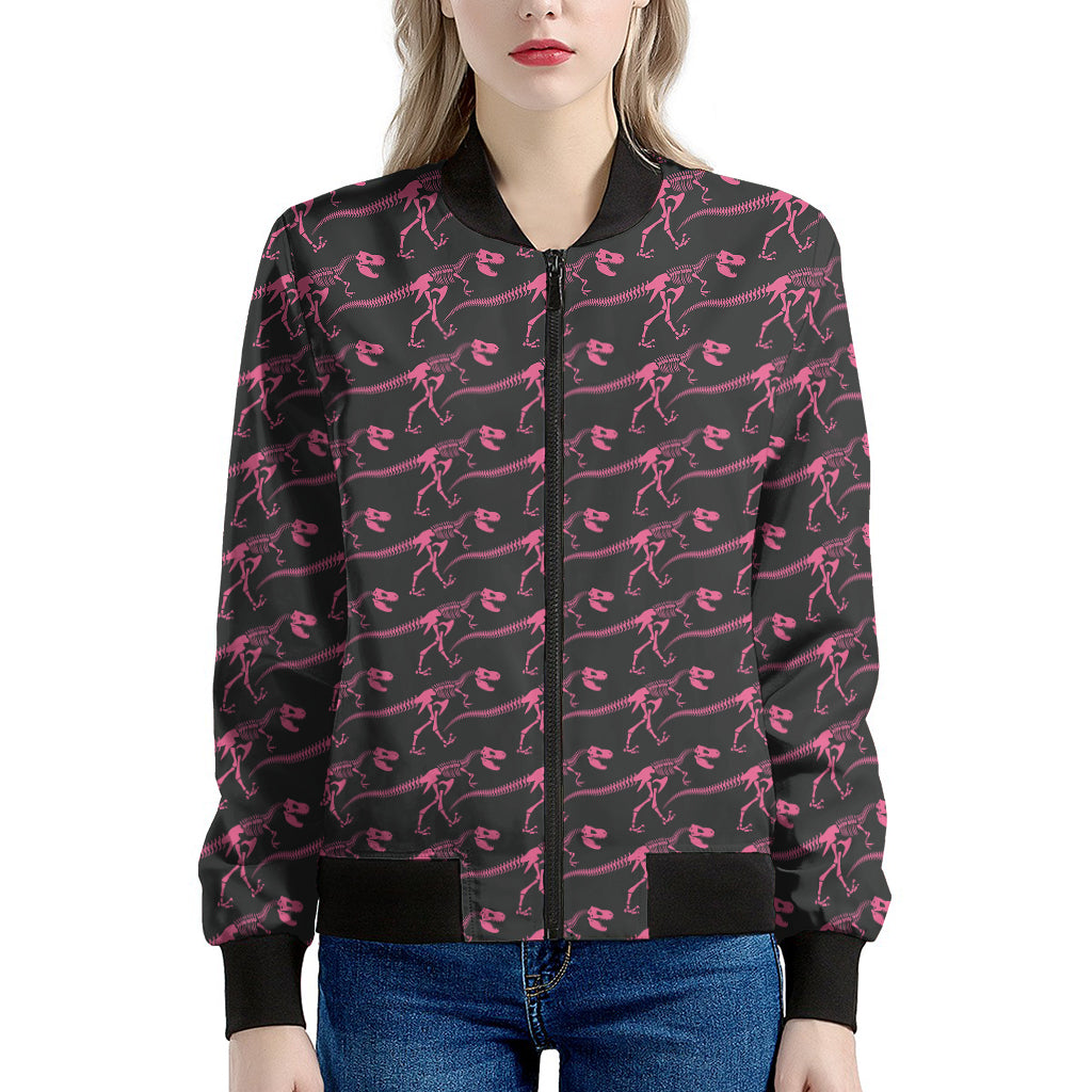 Pink Tyrannosaurus Fossil Pattern Print Women's Bomber Jacket