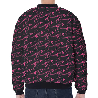 Pink Tyrannosaurus Fossil Pattern Print Zip Sleeve Bomber Jacket