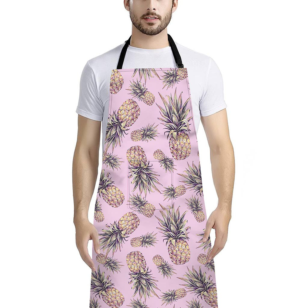 Pink Vintage Pineapple Pattern Print Bib Apron With Pocket