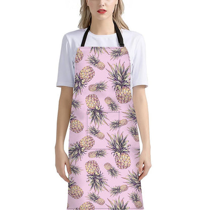Pink Vintage Pineapple Pattern Print Bib Apron With Pocket