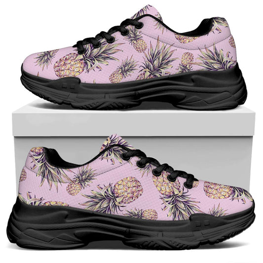 Pink Vintage Pineapple Pattern Print Black Chunky Shoes