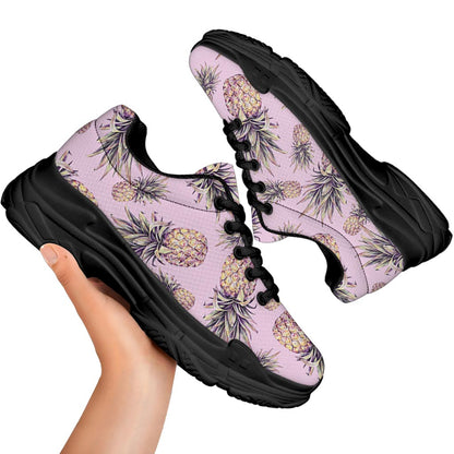 Pink Vintage Pineapple Pattern Print Black Chunky Shoes