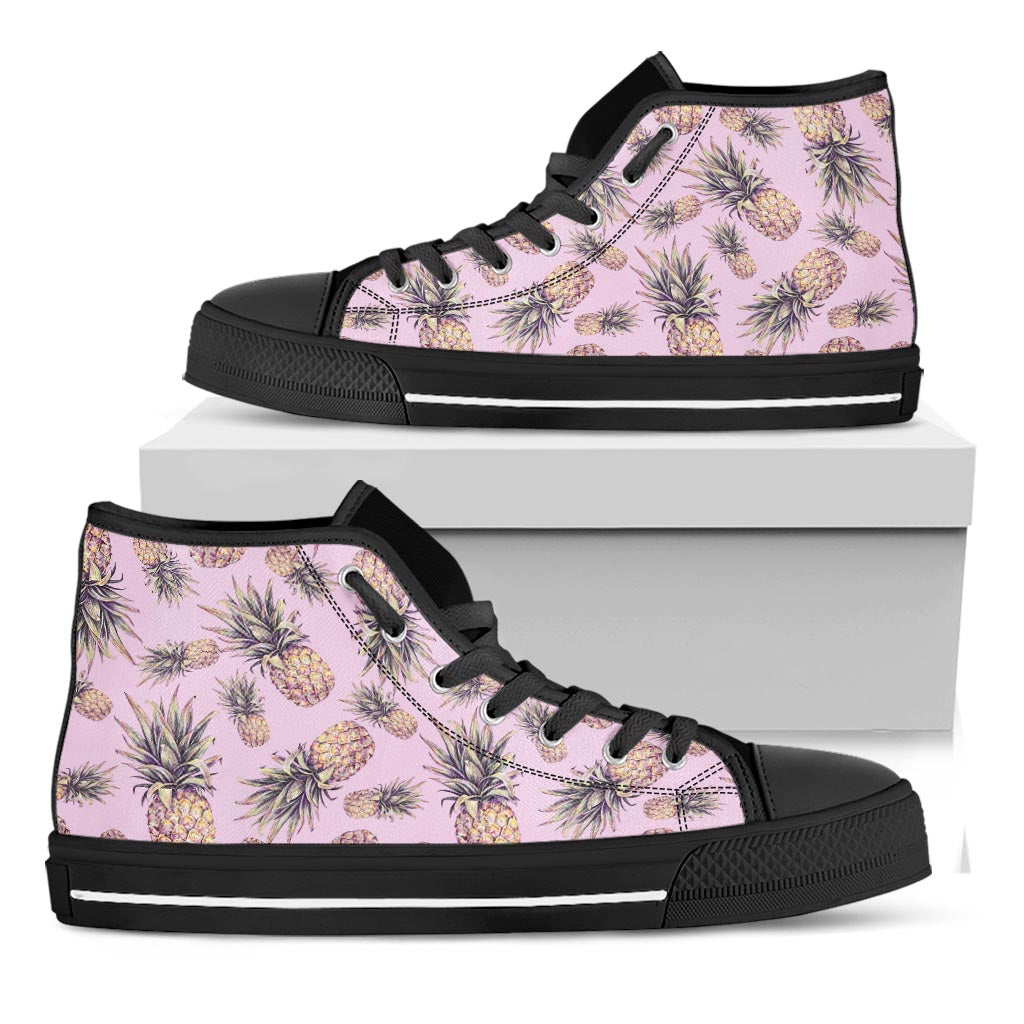 Pink Vintage Pineapple Pattern Print Black High Top Sneakers