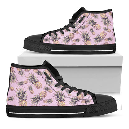 Pink Vintage Pineapple Pattern Print Black High Top Sneakers