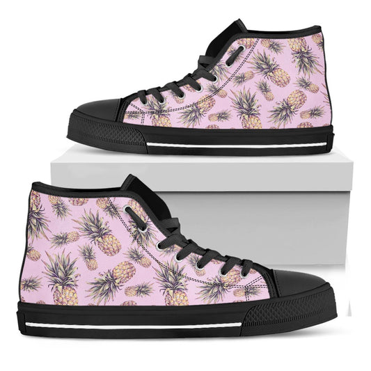 Pink Vintage Pineapple Pattern Print Black High Top Sneakers