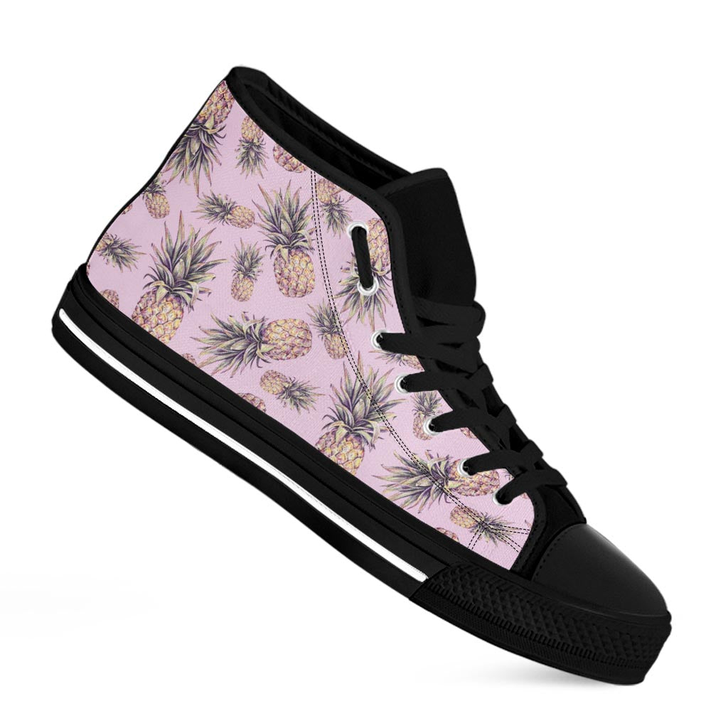 Pink Vintage Pineapple Pattern Print Black High Top Sneakers