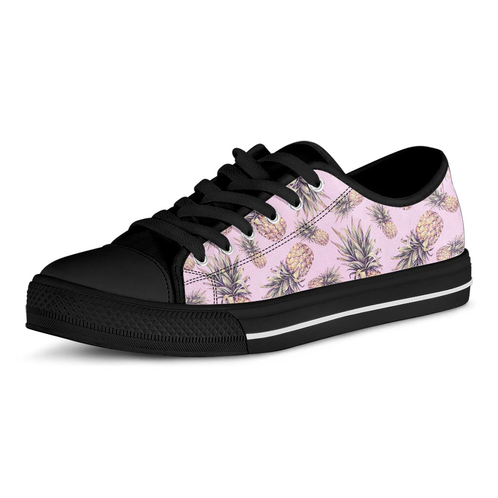 Pink Vintage Pineapple Pattern Print Black Low Top Sneakers