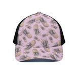 Pink Vintage Pineapple Pattern Print Black Mesh Trucker Cap