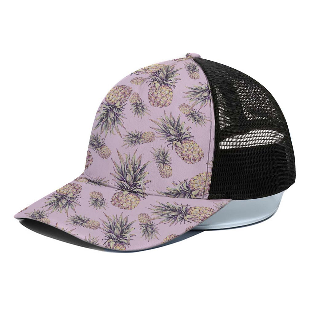 Pink Vintage Pineapple Pattern Print Black Mesh Trucker Cap