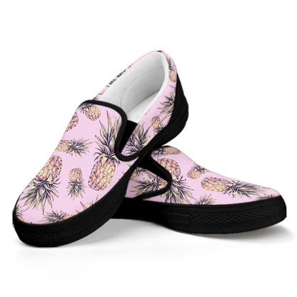 Pink Vintage Pineapple Pattern Print Black Slip On Sneakers