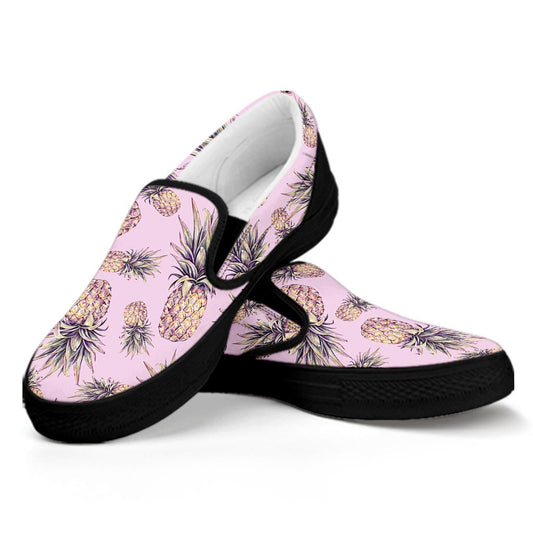 Pink Vintage Pineapple Pattern Print Black Slip On Sneakers