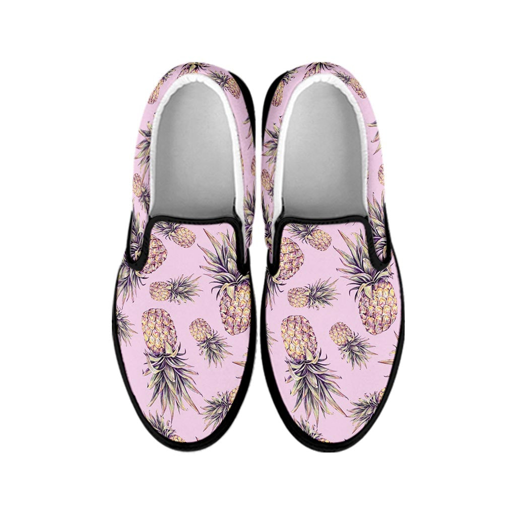 Pink Vintage Pineapple Pattern Print Black Slip On Sneakers