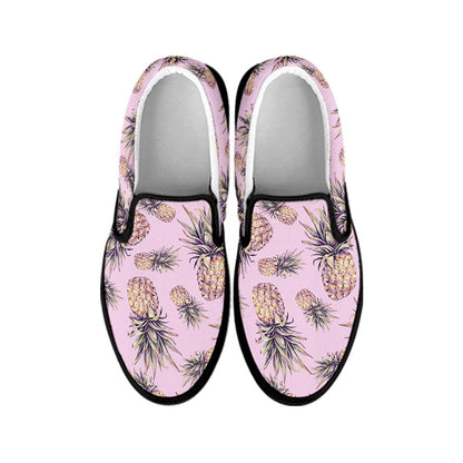 Pink Vintage Pineapple Pattern Print Black Slip On Sneakers