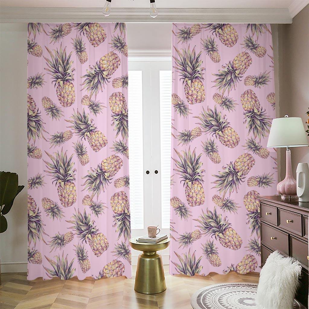 Pink Vintage Pineapple Pattern Print Blackout Pencil Pleat Curtains