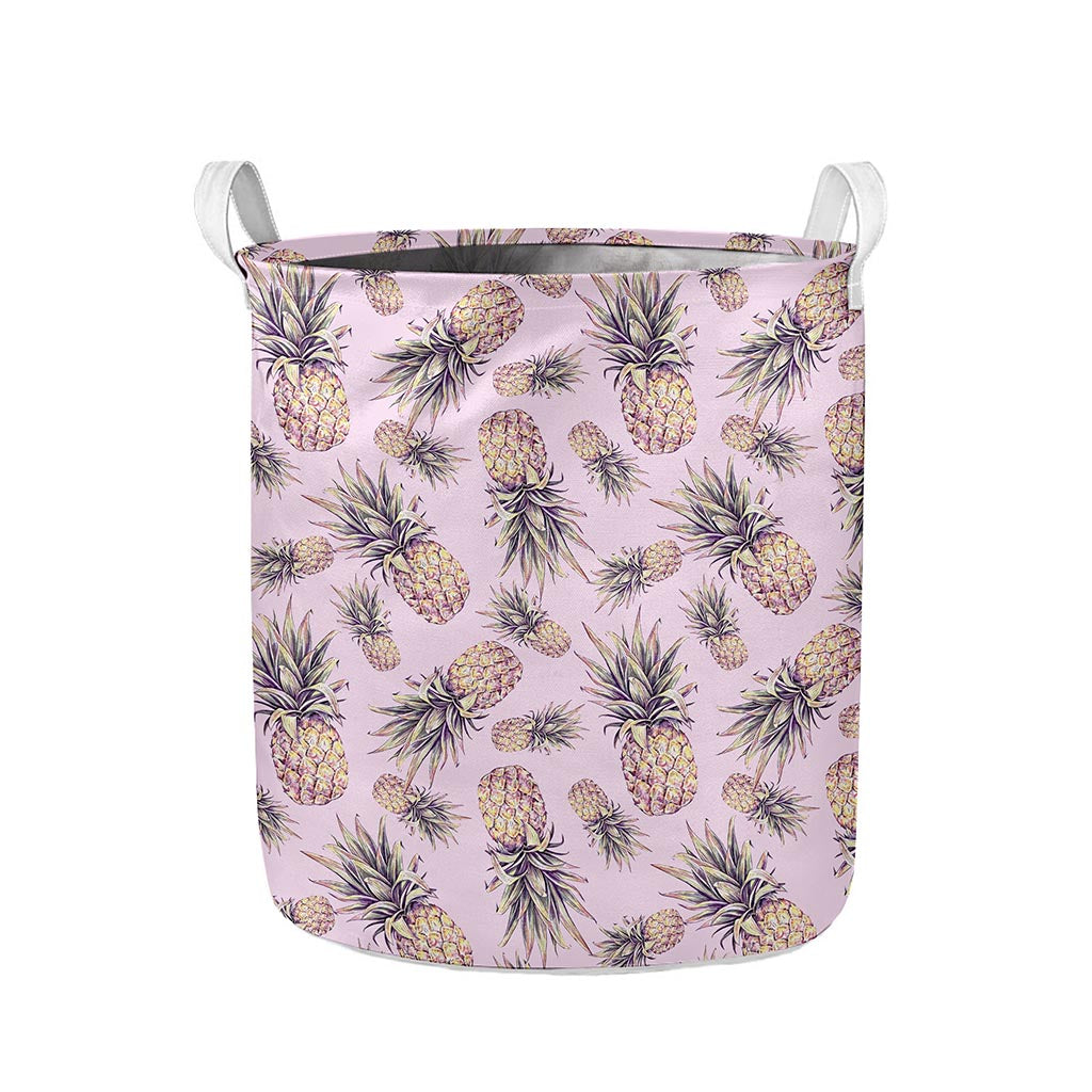 Pink Vintage Pineapple Pattern Print Collapsible Laundry Basket