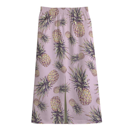 Pink Vintage Pineapple Pattern Print Cotton Front Slit Maxi Skirt