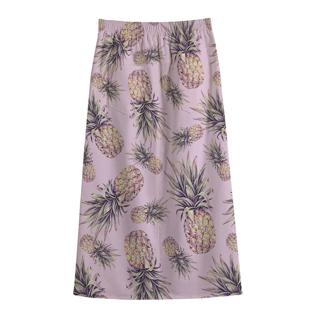 Pink Vintage Pineapple Pattern Print Cotton Front Slit Maxi Skirt