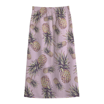 Pink Vintage Pineapple Pattern Print Cotton Front Slit Maxi Skirt