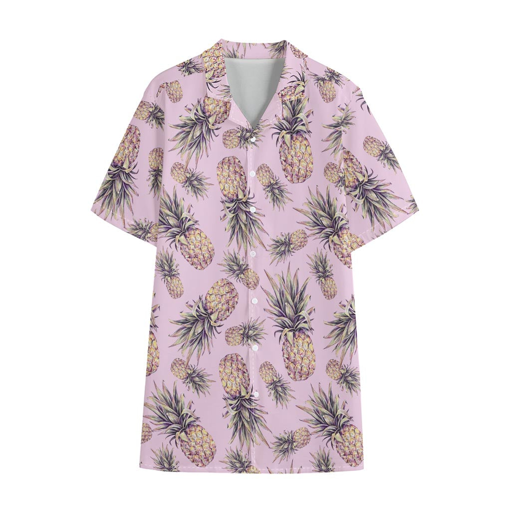 Pink Vintage Pineapple Pattern Print Cotton Hawaiian Shirt