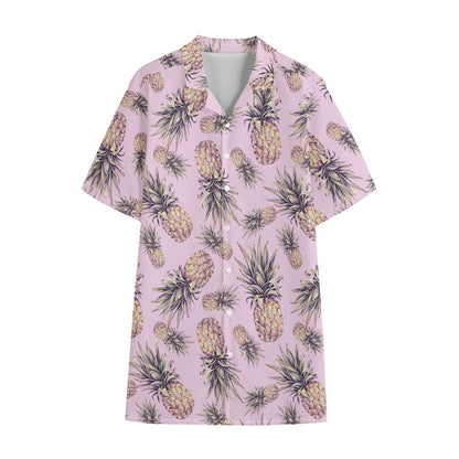 Pink Vintage Pineapple Pattern Print Cotton Hawaiian Shirt