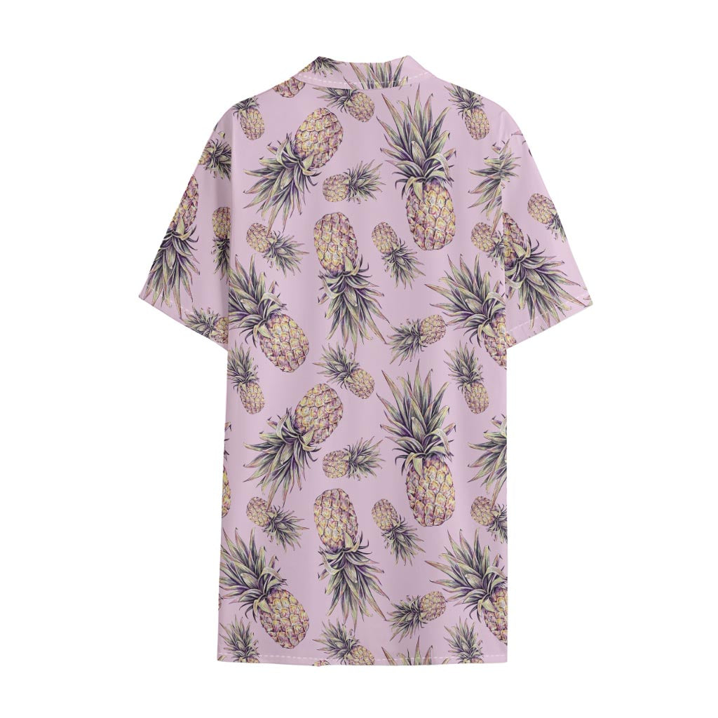 Pink Vintage Pineapple Pattern Print Cotton Hawaiian Shirt