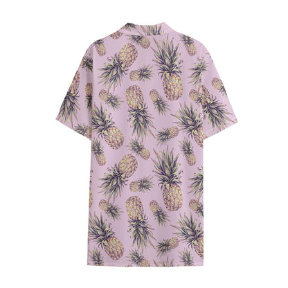 Pink Vintage Pineapple Pattern Print Cotton Hawaiian Shirt