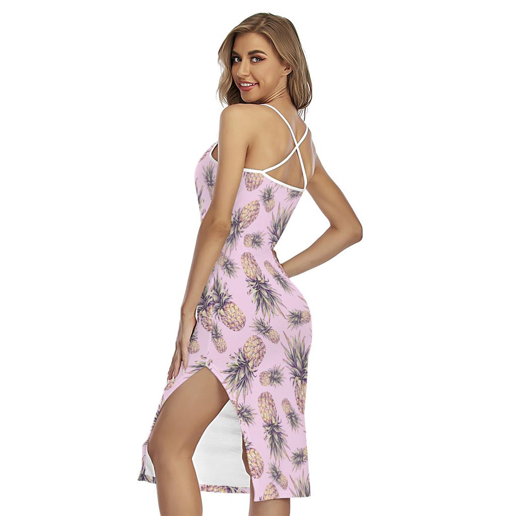 Pink Vintage Pineapple Pattern Print Cross Back Cami Dress
