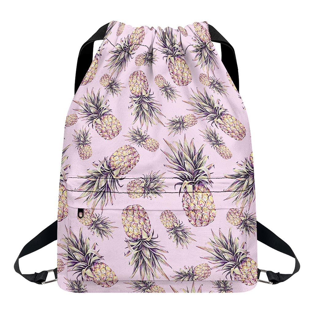 Pink Vintage Pineapple Pattern Print Drawstring Backpack