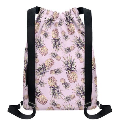 Pink Vintage Pineapple Pattern Print Drawstring Backpack