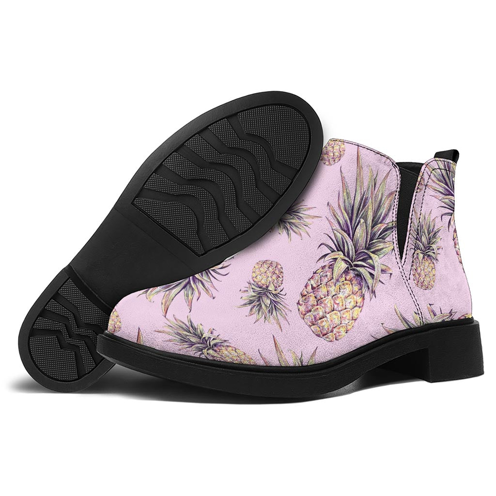 Pink Vintage Pineapple Pattern Print Flat Ankle Boots