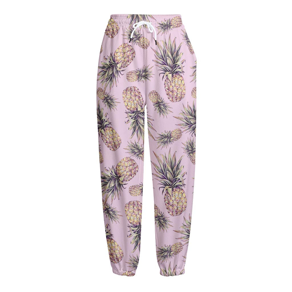 Pink Vintage Pineapple Pattern Print Fleece Lined Knit Pants