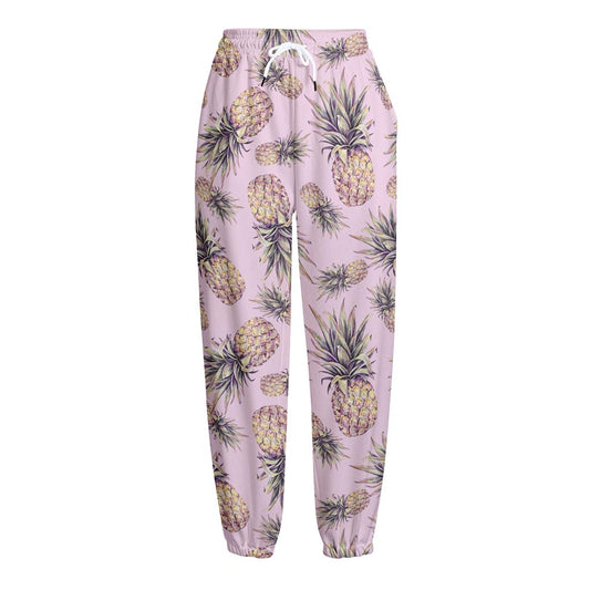 Pink Vintage Pineapple Pattern Print Fleece Lined Knit Pants
