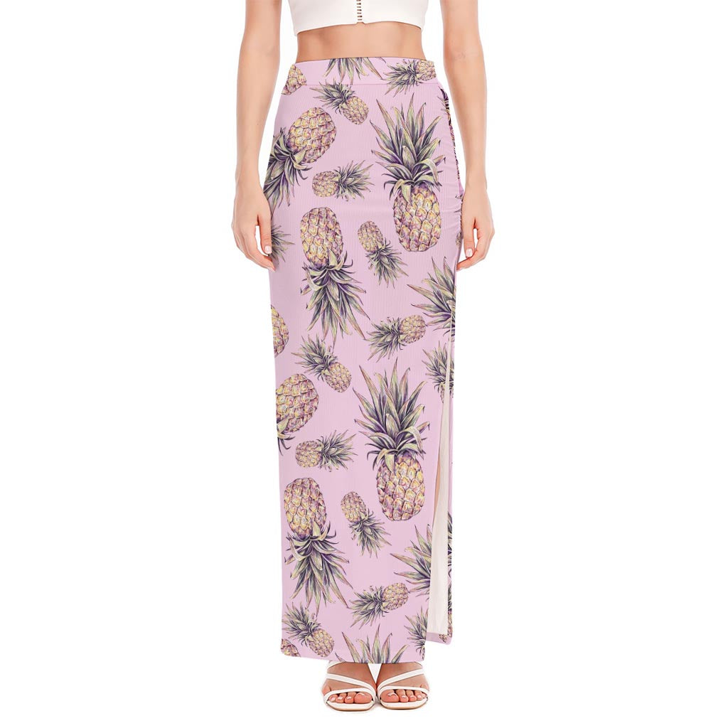 Pink Vintage Pineapple Pattern Print High Slit Maxi Skirt