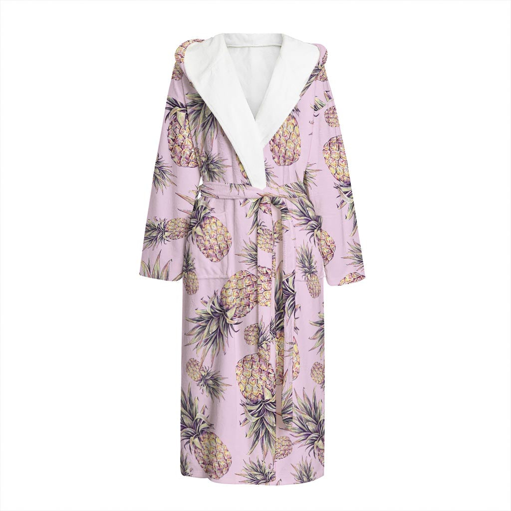 Pink Vintage Pineapple Pattern Print Hooded Bathrobe