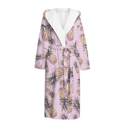 Pink Vintage Pineapple Pattern Print Hooded Bathrobe