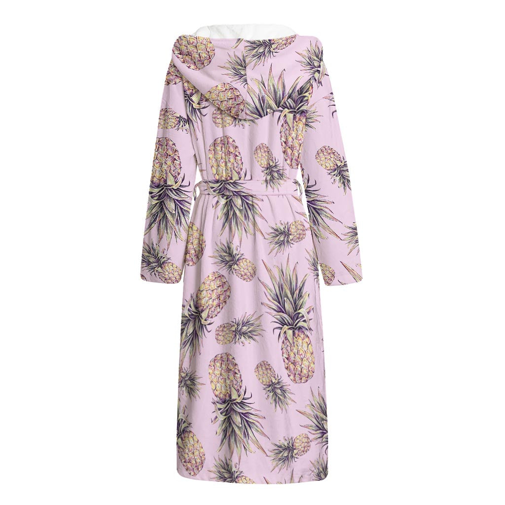 Pink Vintage Pineapple Pattern Print Hooded Bathrobe