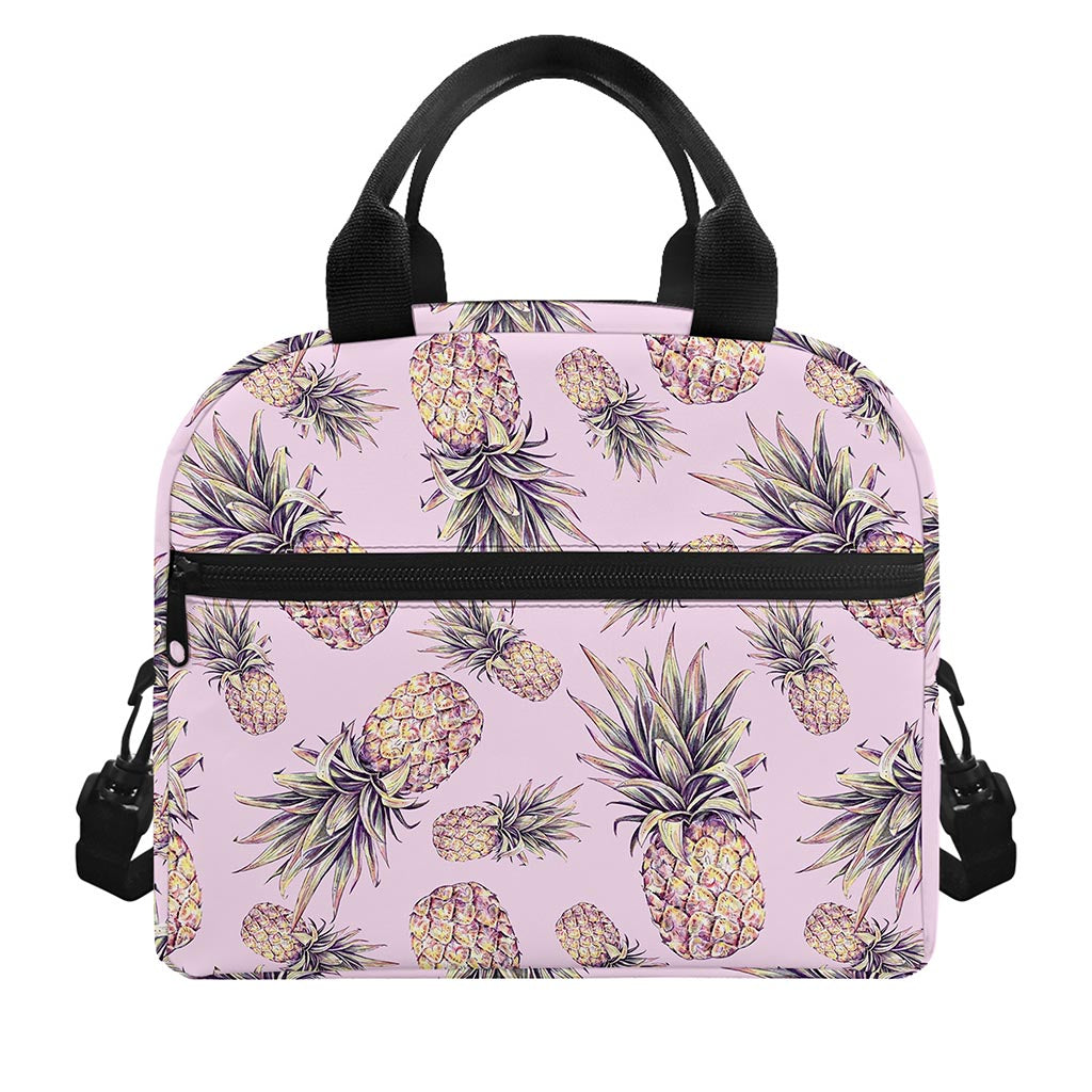 Pink Vintage Pineapple Pattern Print Insulated Lunch Bag