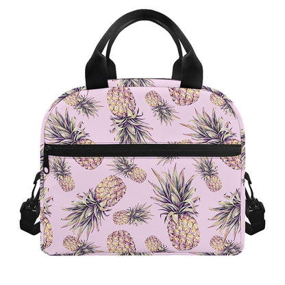 Pink Vintage Pineapple Pattern Print Insulated Lunch Bag
