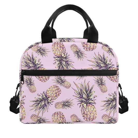 Pink Vintage Pineapple Pattern Print Insulated Lunch Bag