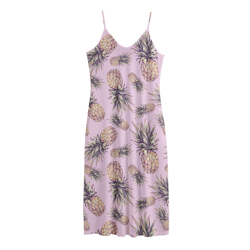 Pink Vintage Pineapple Pattern Print Jersey Midi Cami Dress