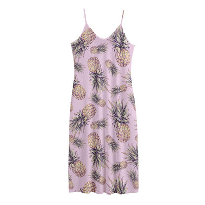 Pink Vintage Pineapple Pattern Print Jersey Midi Cami Dress