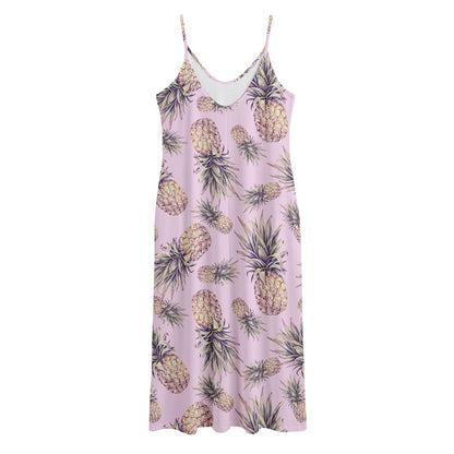 Pink Vintage Pineapple Pattern Print Jersey Midi Cami Dress