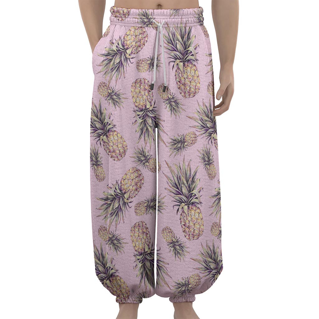 Pink Vintage Pineapple Pattern Print Lantern Pants