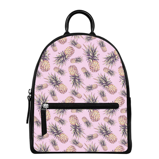 Pink Vintage Pineapple Pattern Print Leather Backpack