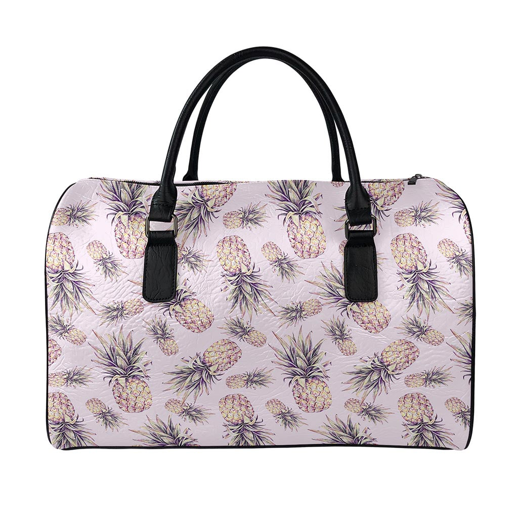 Pink Vintage Pineapple Pattern Print Leather Duffle Bag