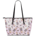 Pink Vintage Pineapple Pattern Print Leather Tote Bag With Zipper