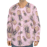 Pink Vintage Pineapple Pattern Print Long Sleeve Baseball Jersey