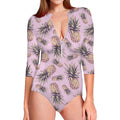 Pink Vintage Pineapple Pattern Print Long Sleeve Swimsuit